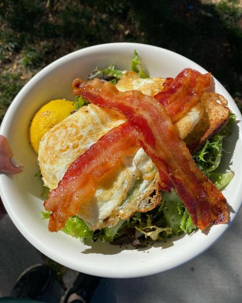 A bowl of salad topped with a fried egg, crispy bacon, and a lemon wedge, held outdoors in natural light.