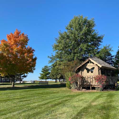 A small wooden cabin surrounded by colorful trees and green grass under a clear blue sky.