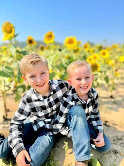 Two smiling boys in checkered shirts sit among tall sunflowers on a sunny day.