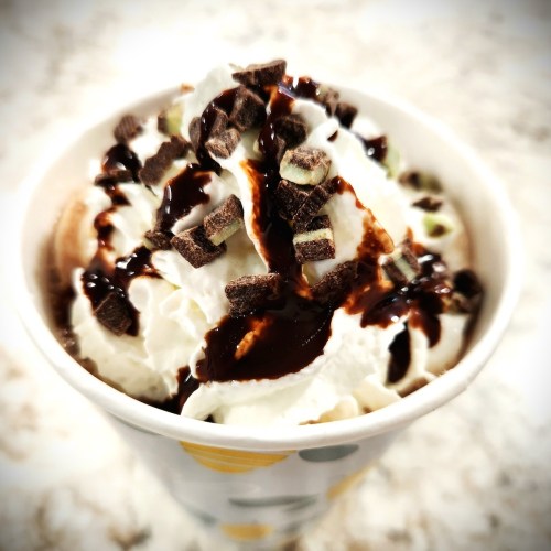 A cup of dessert topped with whipped cream, chocolate syrup, and chocolate sprinkles.