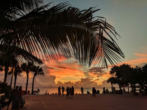 Silhouetted palm trees frame a vibrant sunset over the ocean, with people enjoying the beach in the foreground.