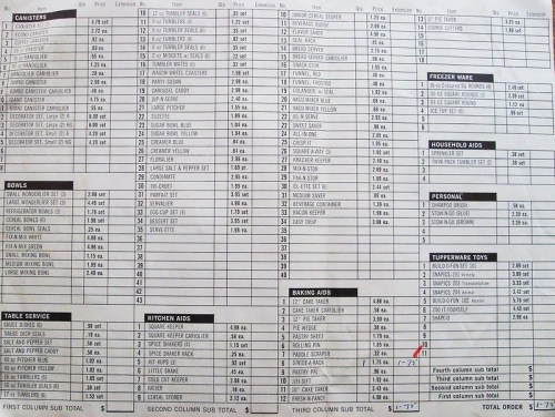 A detailed price list featuring various household items, including canisters, bowls, kitchen aids, and baking supplies.