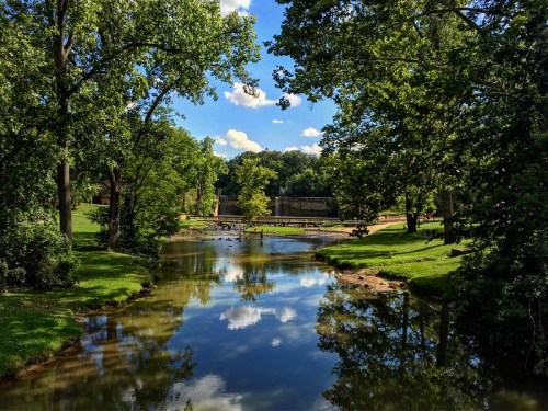 A serene park scene featuring a calm river reflecting trees and clouds, surrounded by lush greenery.