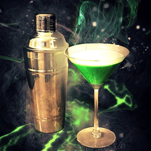 A shiny cocktail shaker next to a vibrant green cocktail in a martini glass, with a smoky, mystical background.