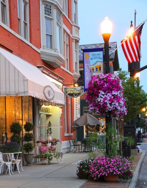 Charming street scene with flower planters, a café, and American flags in a quaint town at dusk.