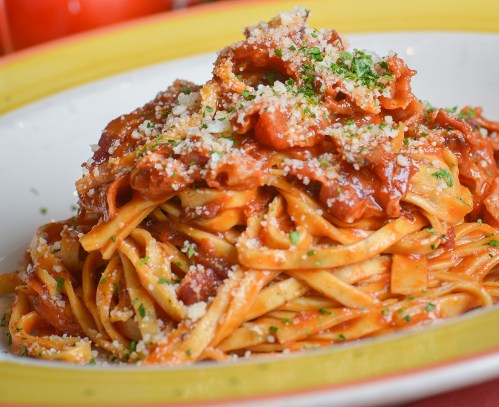 A plate of fettuccine pasta topped with rich tomato sauce, herbs, and grated cheese, served in a colorful dish.