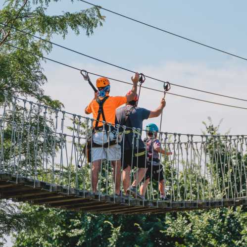 A person and a child walk across a suspension bridge, wearing safety gear and harnesses, surrounded by trees.