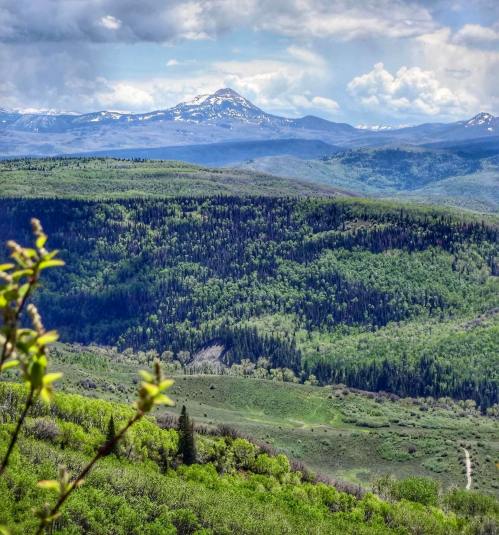 A scenic view of lush green mountains under a partly cloudy sky, with a distant snow-capped peak.