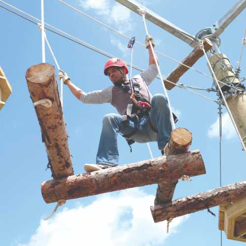 A man in a hard hat and harness balances on logs while working on a construction site against a blue sky.