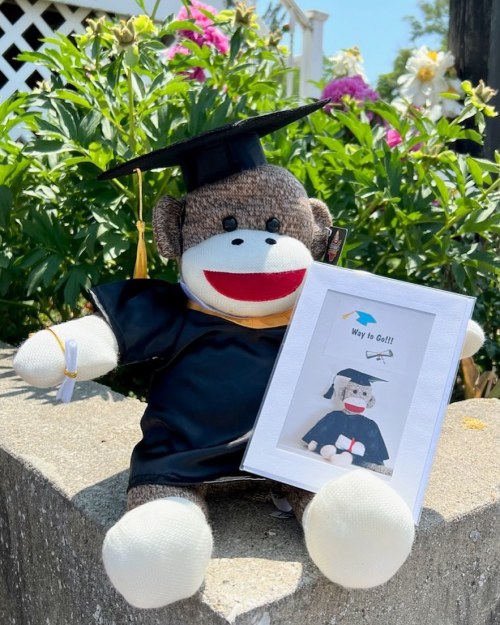 A sock monkey in a graduation cap and gown sits beside a framed photo that says "Way to Go!" with a golf theme.