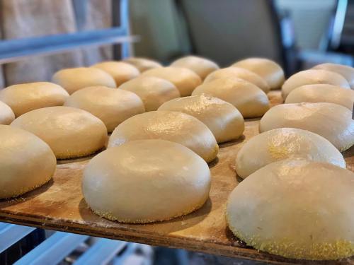 A tray of round, uncooked dough balls resting on a wooden surface, ready for baking.