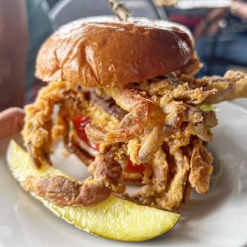 A close-up of a burger topped with crispy fried onions and served with a pickle slice on the side.