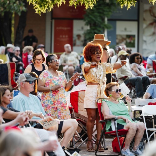 A lively outdoor crowd enjoying a performance, with people seated in chairs, smiling, and engaging with the event.