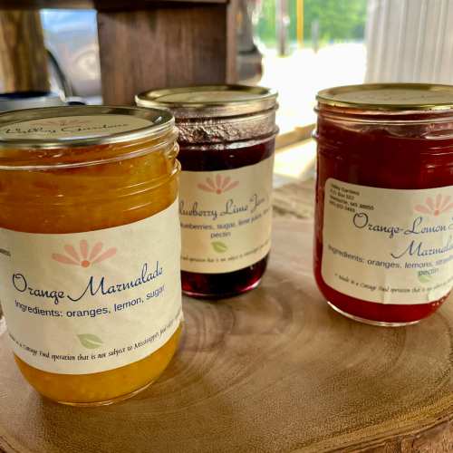 Three jars of homemade fruit preserves: orange marmalade, blueberry lime jam, and orange-lemon marmalade on a wooden surface.
