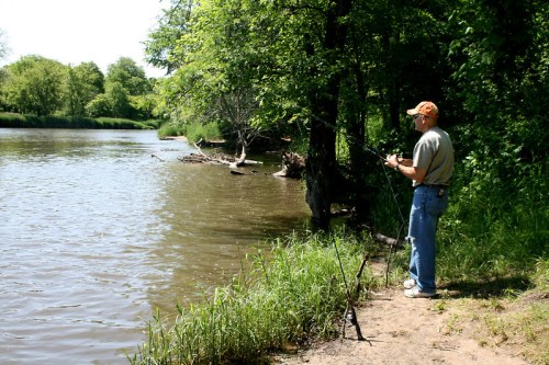 A person fishing by a riverbank surrounded by trees and greenery on a sunny day.