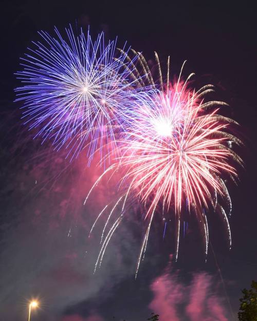 Colorful fireworks burst in the night sky, featuring vibrant blue, pink, and white explosions against a dark backdrop.