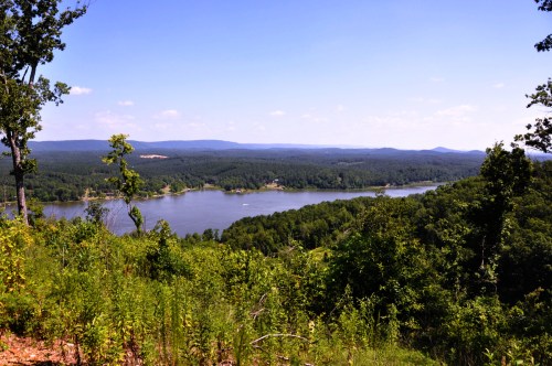 A scenic view of a lake surrounded by lush green forests and rolling hills under a clear blue sky.