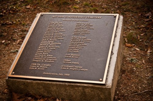 Plaque at Mt. Iser Confederate Cemetery listing regiments and individuals from the Civil War, with a dedication date of July 2000.