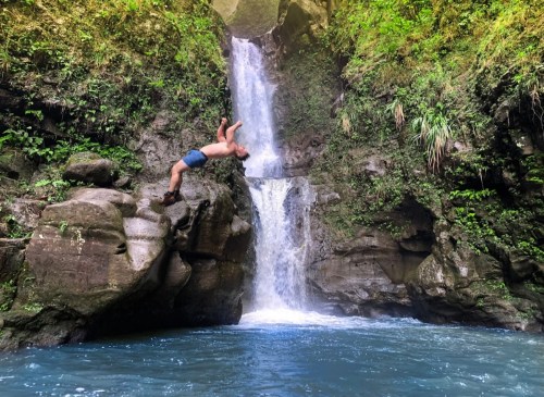 A person diving off a rock into a blue pool beneath a waterfall surrounded by lush greenery.