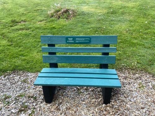 A green wooden bench on a grassy area, with a plaque attached to the backrest.