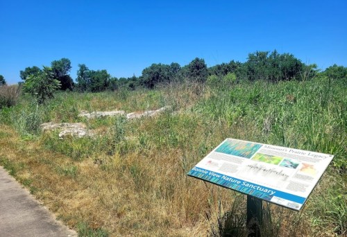 A nature sanctuary sign stands in a grassy area with trees and blue sky in the background.