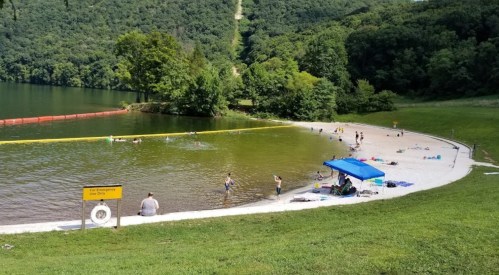 A sandy beach area by a calm lake, with people swimming and relaxing under umbrellas on a sunny day.