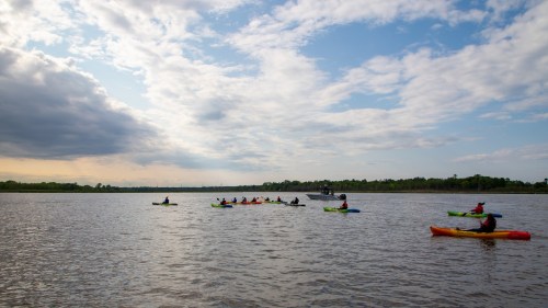 A group of kayakers paddles on a calm river under a partly cloudy sky.