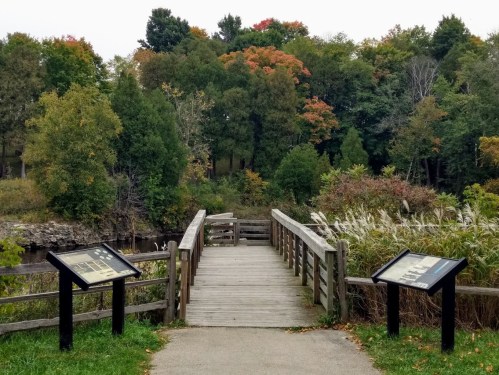 A wooden walkway leads to a scenic view of trees with autumn foliage and informational signs on either side.