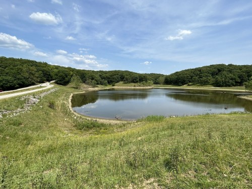 A serene landscape featuring a calm pond surrounded by green hills and a clear blue sky.