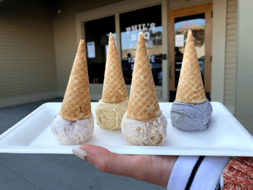 A hand holds a tray with four ice cream cones in different flavors, set against a shop entrance.