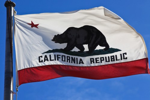 California state flag waving in the wind, featuring a bear, a star, and the words "California Republic."