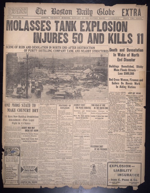 Front page of the Boston Daily Globe reporting on a molasses tank explosion, detailing injuries, deaths, and destruction.