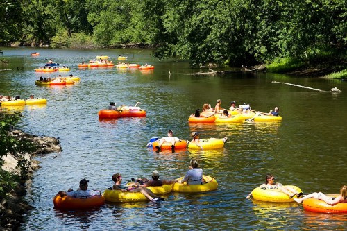 People relaxing on colorful inner tubes in a sunny river, surrounded by lush greenery.