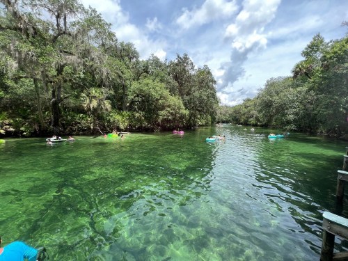 A serene river scene with clear green water, surrounded by lush trees and people floating on colorful rafts.