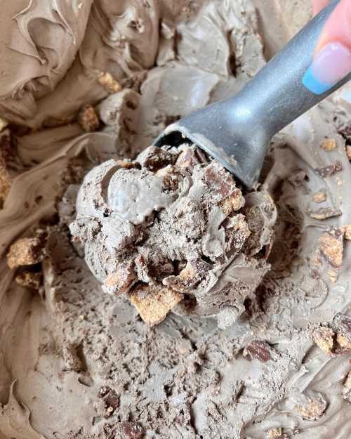 A close-up of a scoop of chocolate ice cream mixed with crunchy bits, resting in a tub of creamy ice cream.