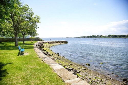 A serene waterfront scene with a grassy area, a tree, and a curved stone path along the water's edge under a clear sky.