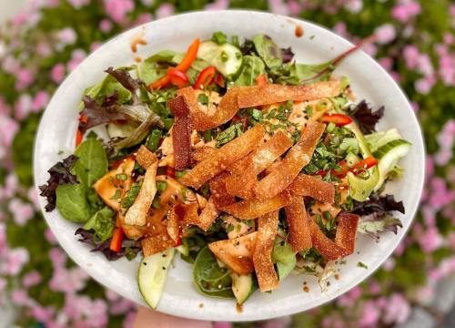 A vibrant salad with mixed greens, cucumbers, red peppers, herbs, and crispy toppings, set against a floral background.