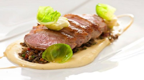 A beautifully plated dish featuring sliced duck breast on a creamy sauce, garnished with greens and served on a bed of lentils.