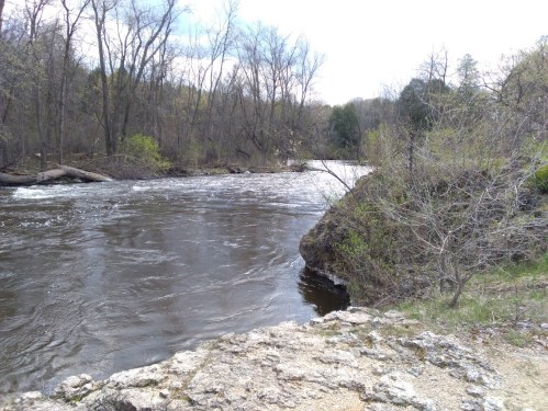 A serene river flows through a wooded area, with rocky banks and trees lining the shore under a cloudy sky.