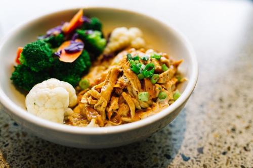 A bowl of shredded chicken in sauce, served with broccoli and cauliflower on the side.