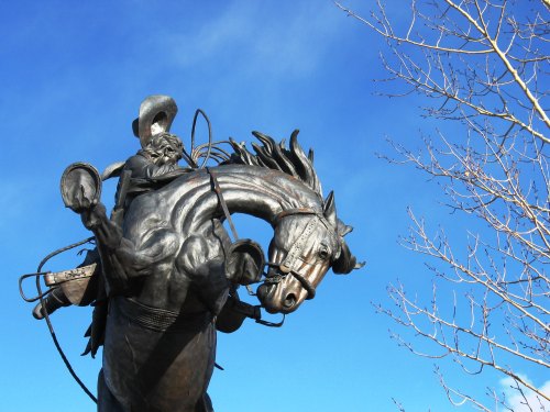 A bronze statue of a cowboy on a rearing horse against a blue sky, with bare tree branches in the background.