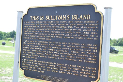 Sign commemorating Sullivan's Island, highlighting its historical significance in African American history and resilience.