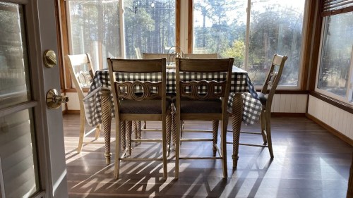 A sunlit dining area with a checkered tablecloth and wooden chairs, surrounded by large windows and nature views.