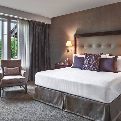 A cozy hotel room featuring a queen bed, armchair, and large windows with natural light.