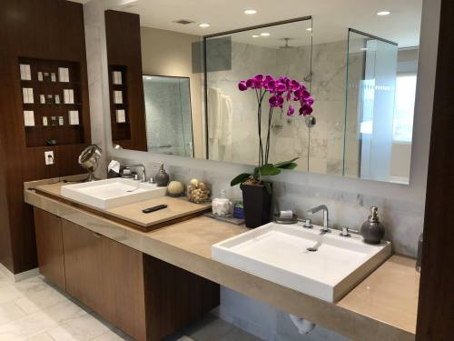 Modern bathroom with dual sinks, a large mirror, and a decorative orchid plant on the counter.