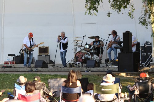 A band performs on stage while an audience sits on the grass, enjoying the outdoor concert.