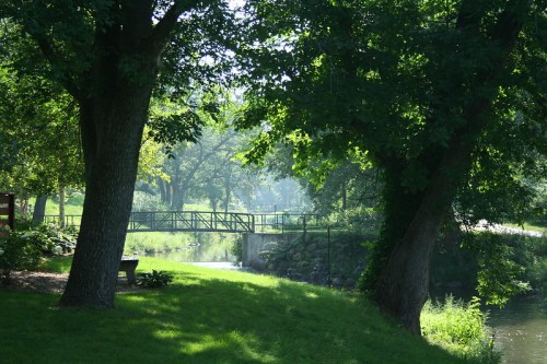 A serene park scene featuring a bridge over a stream, framed by lush trees and soft morning light.