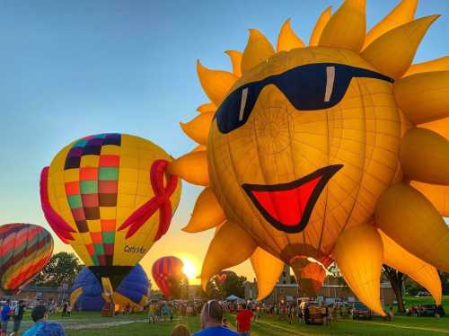 Colorful hot air balloons, including a smiling sun design, rise against a sunset sky with spectators below.