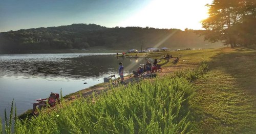 People fishing along a serene lake at sunset, with lush greenery and tents in the background.