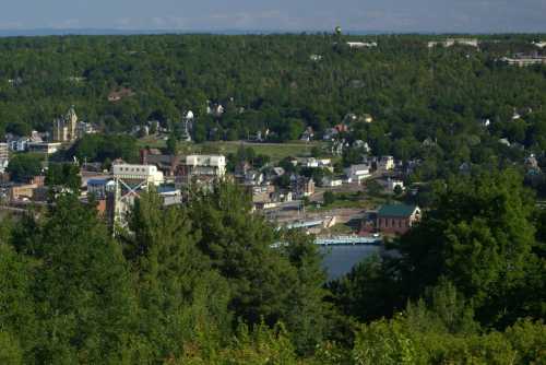 A scenic view of a small town surrounded by lush greenery and a river, with buildings and trees in the foreground.